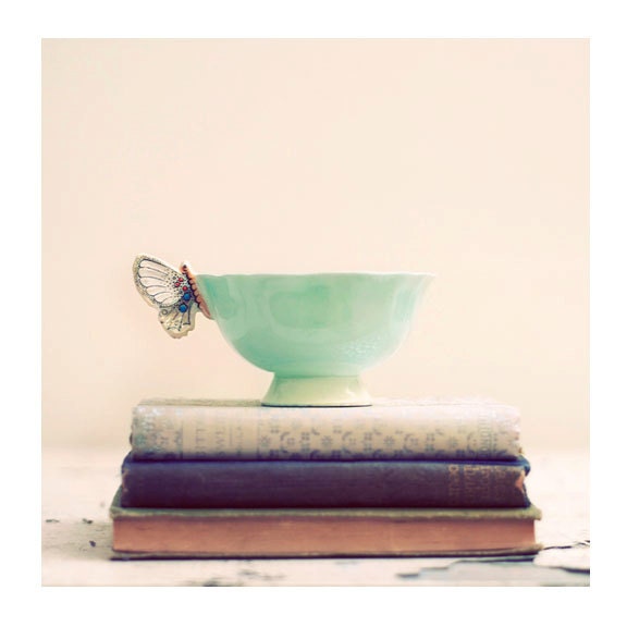 Still Life Photograph, Tea and Books, 5x5 Print, Shabby Chic Photo, Vintage Teacups Photo, Soft Pink, Butterfly Cup Photo