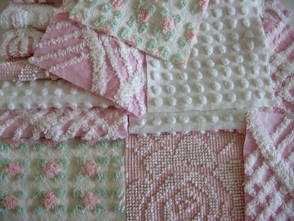 chenille fabric squares, shabby cottage mix / 20 pink and white with rosebud shabby