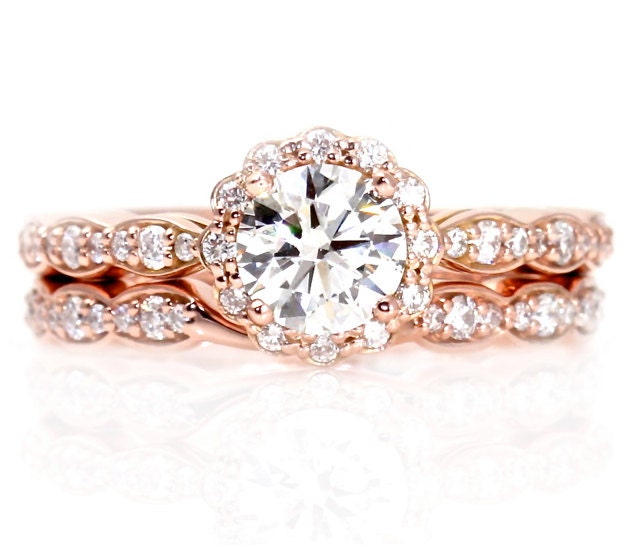 14K Rose Gold Moissanite Engagement Ring Wedding Set Wedding Band Diamond Halo Conflict Free