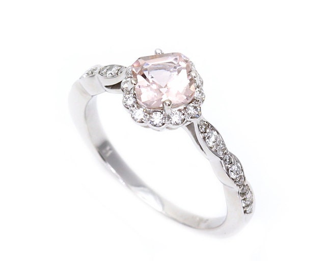 Asscher Morganite Engagement Ring 14K Morganite Ring Diamond Halo Custom Bridal Jewelry