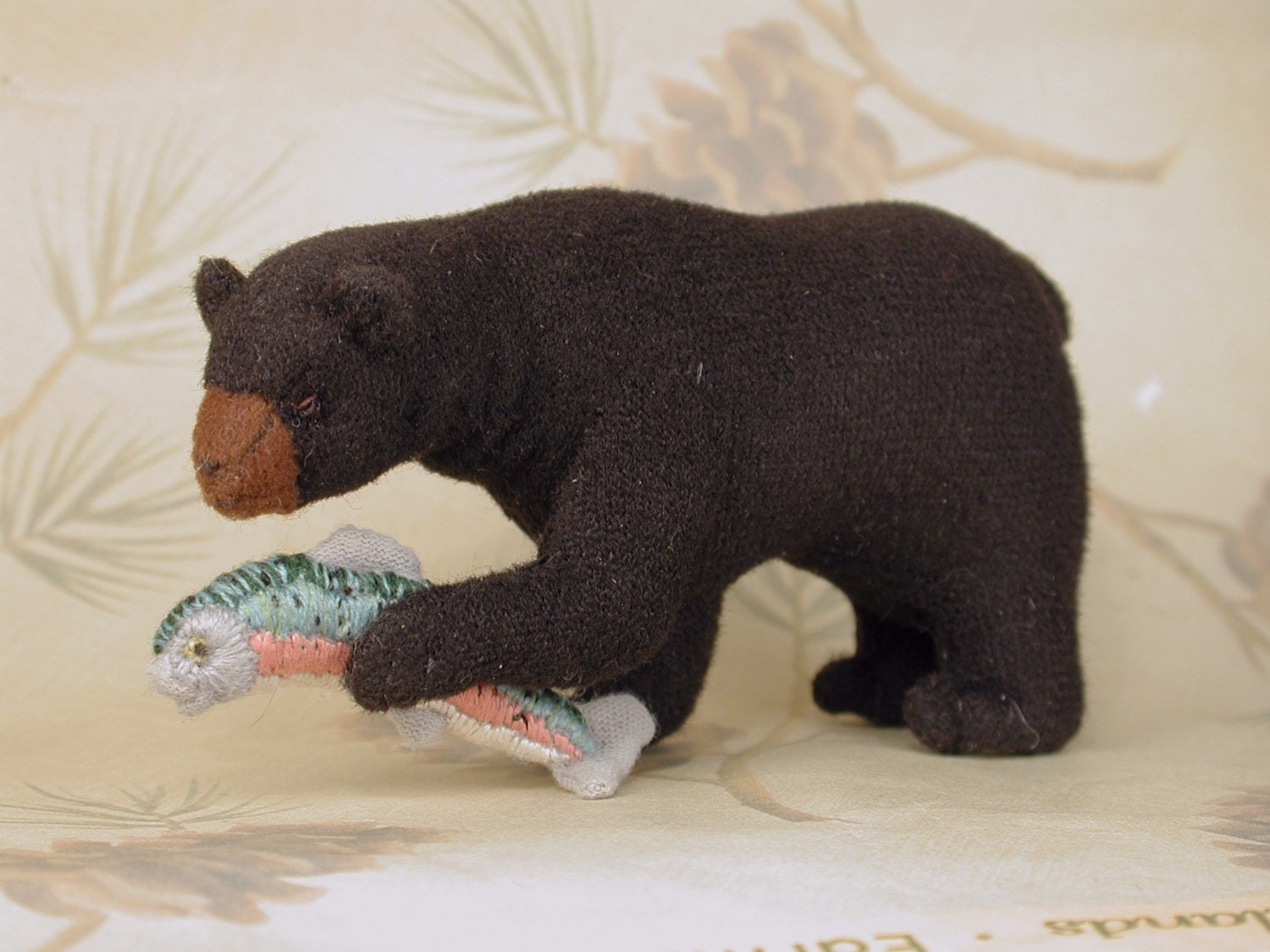 Miniature Soft Sculpture Black Bear with Hand Embroidered  Rainbow Trout