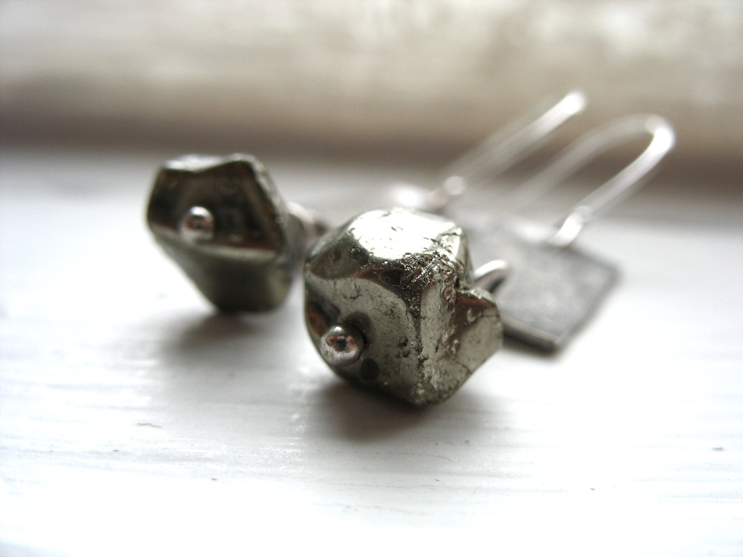 Pyrite Earrings, Handmade Metalwork Pyrite Gemstone Silver Metalwork Dangle Drop Earrings, Pyrite Jewelry, FREE Shipping