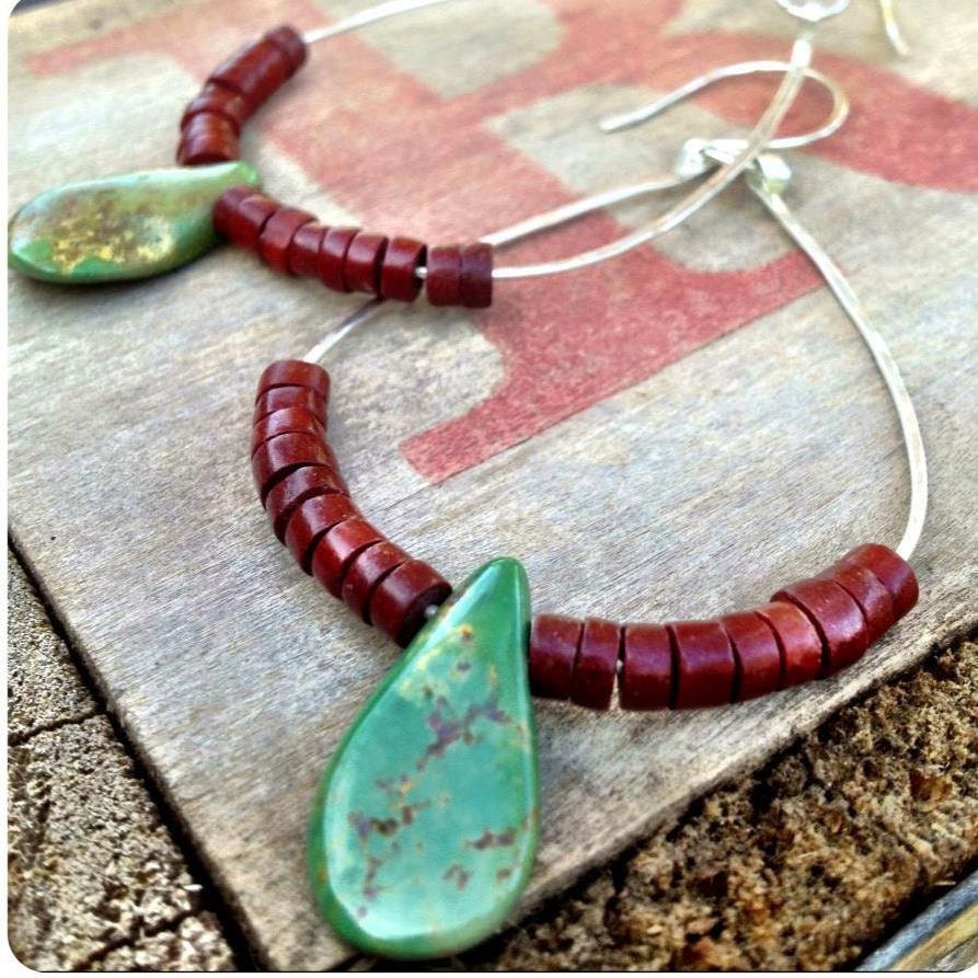 Large Turquoise and Pipestone Sterling Silver Teardrop Hoops