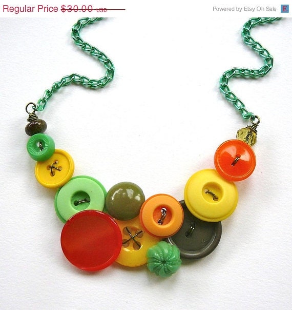 ON SALE Funky Necklace in Yellow, Orange, Bright Green and Olive Green Vintage Buttons