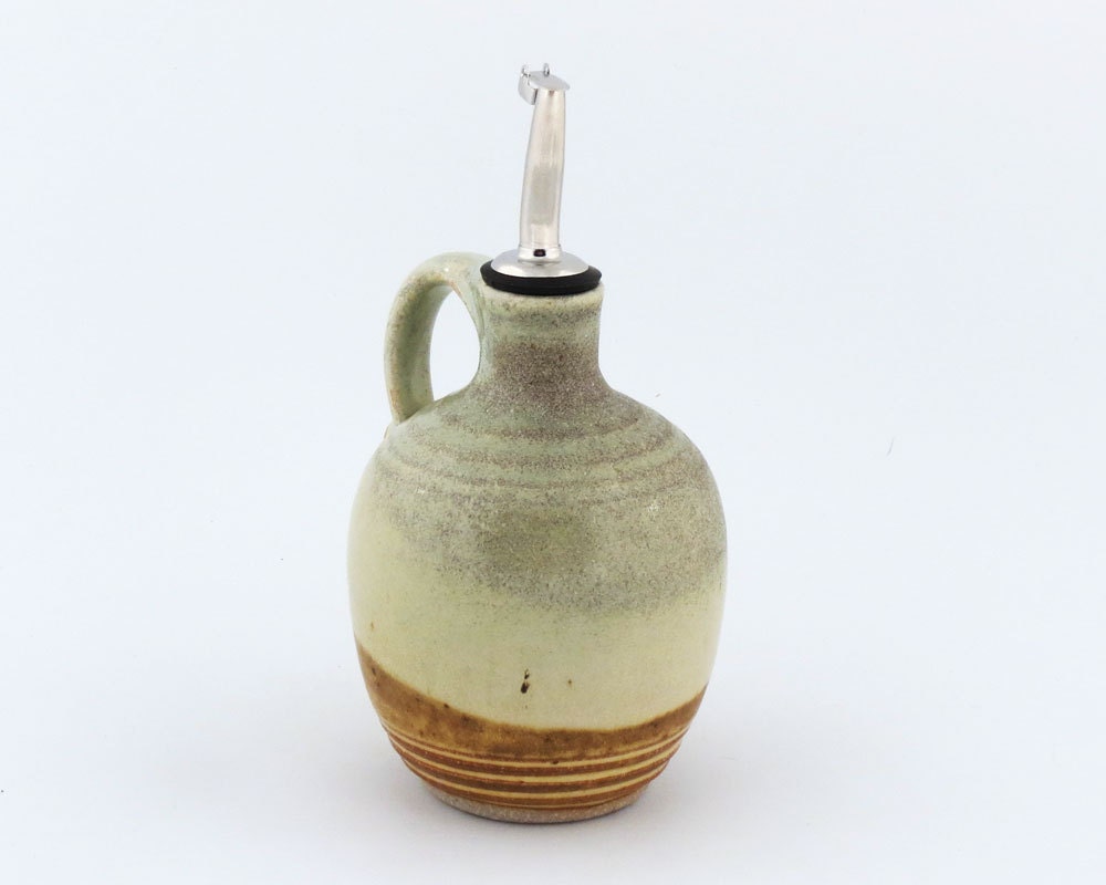 Olive Oil Bottle -12 oz. -  Oil Dispenser / Oil Cruet - Soft Grey Green , Yellow / Handmade Wheelthrown Pottery