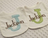 Personalized Gift Set of 2 Baby boy Bibs - Appliqued INiTiaL in MiNKy - embroidered name in Brown, Light Blue, and Green - can be for TWiNS