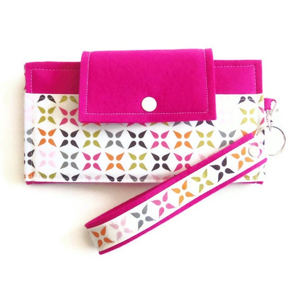 Cell Phone Wallet Checkbook Wallet 100% Merino Wool Felt Fuchsia with Geo Mod Cotton, Fuchsia White Orange Brown