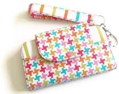 Fabric Cell Phone Wallet with Wristlet Strap, Zippered Pocket and Vinyl ID Window, Errand Runner - Cream Pink Aqua Houndstooth and Stripe