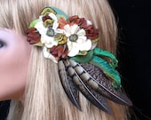 Natural Bridal Hairpiece -Neutral Pheasant and Flower Feather Hair Clip - Ready to Ship