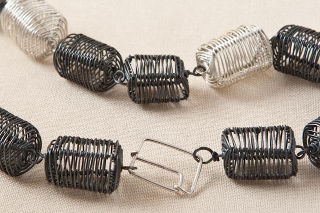 SALE: Black Silver Wire Wrapped Cubes Necklace, oxidized silver, woven wire jewelry