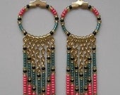 Seed Bead Chain Hoop Earrrings - Teal Green/Coral