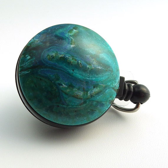 Magnetic Retractable ID Badge Reel Turquoise Stripe Cabochon on Black Badge Reel
