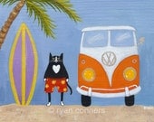 Surfs Up Beach Cat Folk Art Digital Print