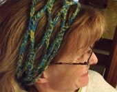 Crocheted Gypsy Headband, Hair Tie Convertible Exercise Workout, Turquoise Lime Yellow