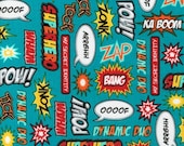 Superhero quilt or craft fabric by Illustration Ink for Robert Kaufman- Superhero Words in Bright , 1 yard or by the yard