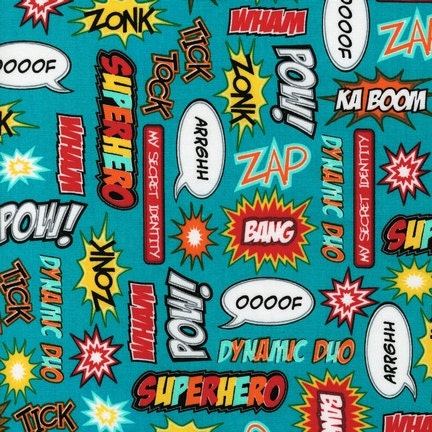 Superhero quilt or craft fabric by Illustration Ink for Robert Kaufman- Superhero Words in Bright , Fat Quarter