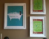 Bathroom Wall Decor - Bathtub, Bubble Bath, Chandelier, Bird - One 8x10 and Two 5x7 Art Prints