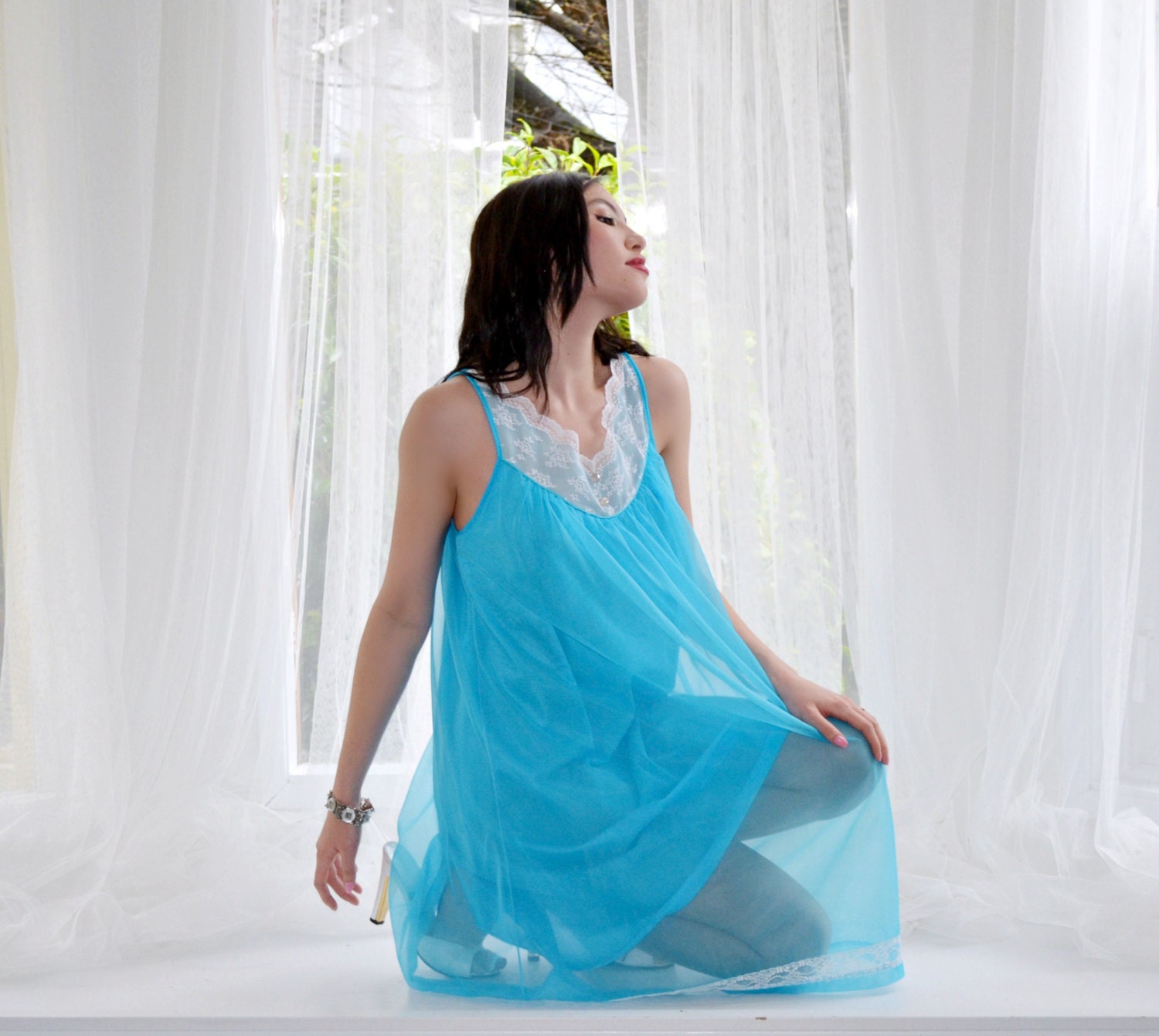 Turquoise Blue Chiffon Vintage 60s Babydoll Nightgown Nightie Eatons White Lace