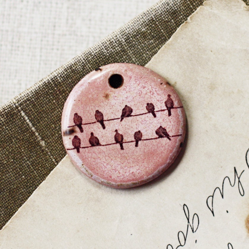 Birds on a Wire- handmade ceramic charm- Pink