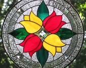 Stained Glass Red and Yellow Tulips Round Beveled Suncatcher