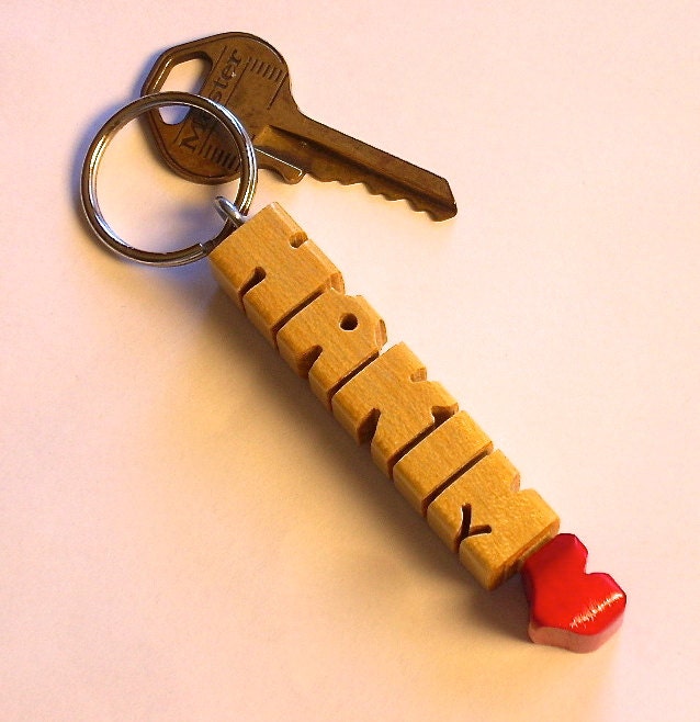 Name HeartFob Keychain - Pau Amarello Wood with Red Heart - Handmade to Order