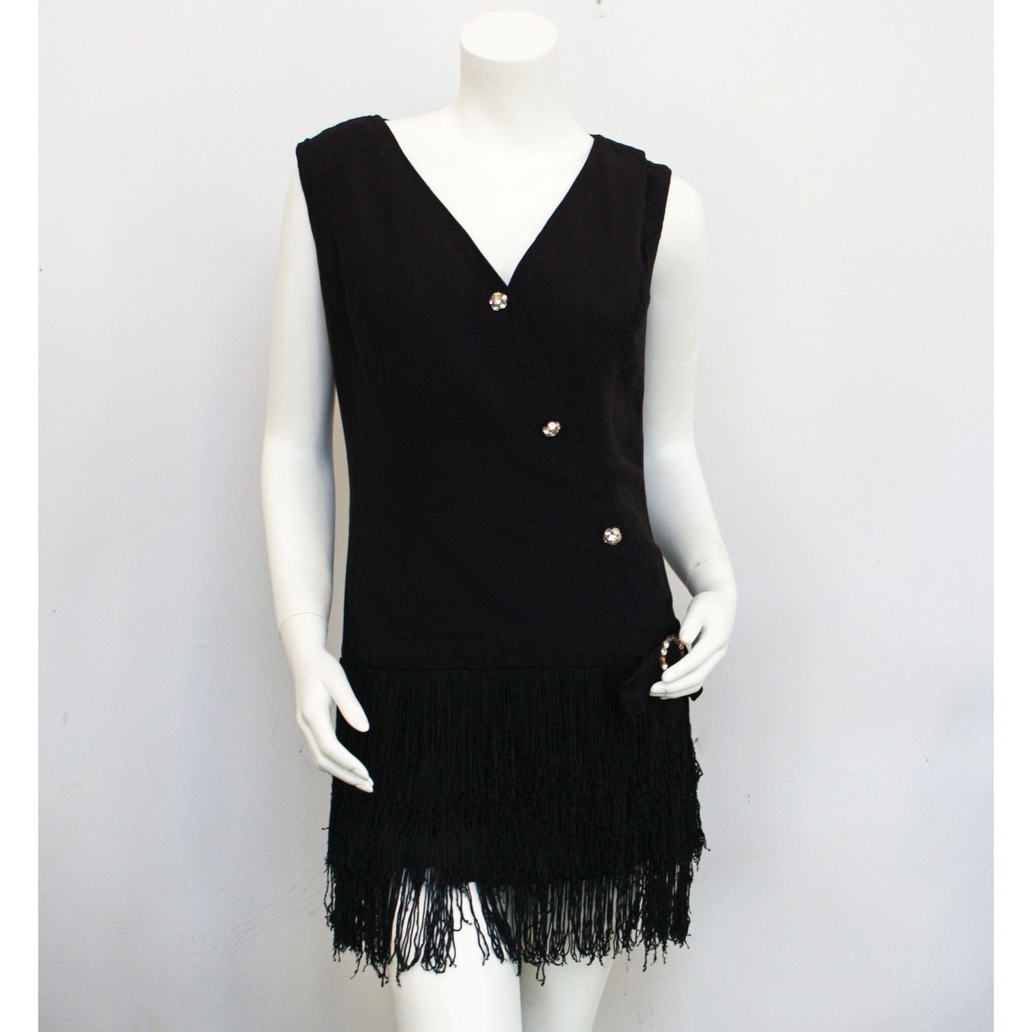 60's Vintage Black Fringe Bottom Go Go Drop Waist Mini Dress
