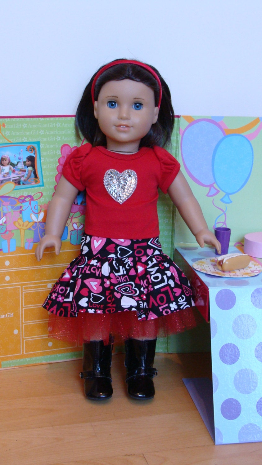 Love this Set for American Girl 18 inch and 15 inch Dolls Red Top with Silver sequin heart, love skirt & hearts and glitter tulle