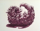 Florence reaches for her tail.  5" x 6" Screenprint