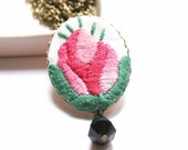 Necklace in Pink and Green with Folk Art Embroidery - Modern Hungary series - Rosebud