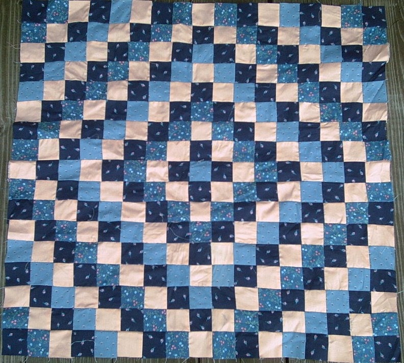 OOAK Trip Around the World crib or wall quilt top blue, peach