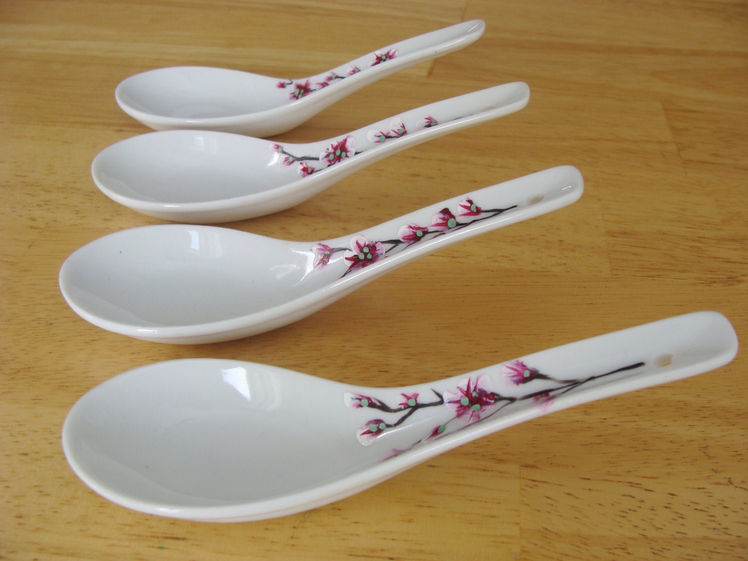 Cherry Blossom Porcelain Appetizer Spoons Hand Painted Set of 4