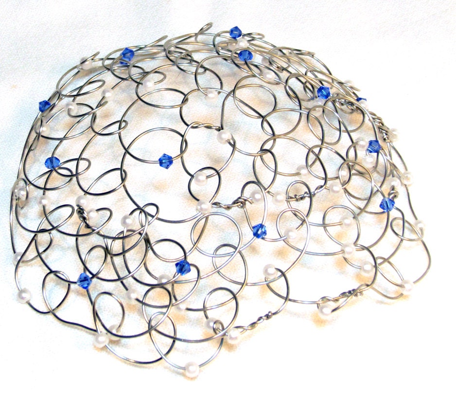 Womens Kippah - Silver Wire Sapphire Swarorvski Crystals 4.5"