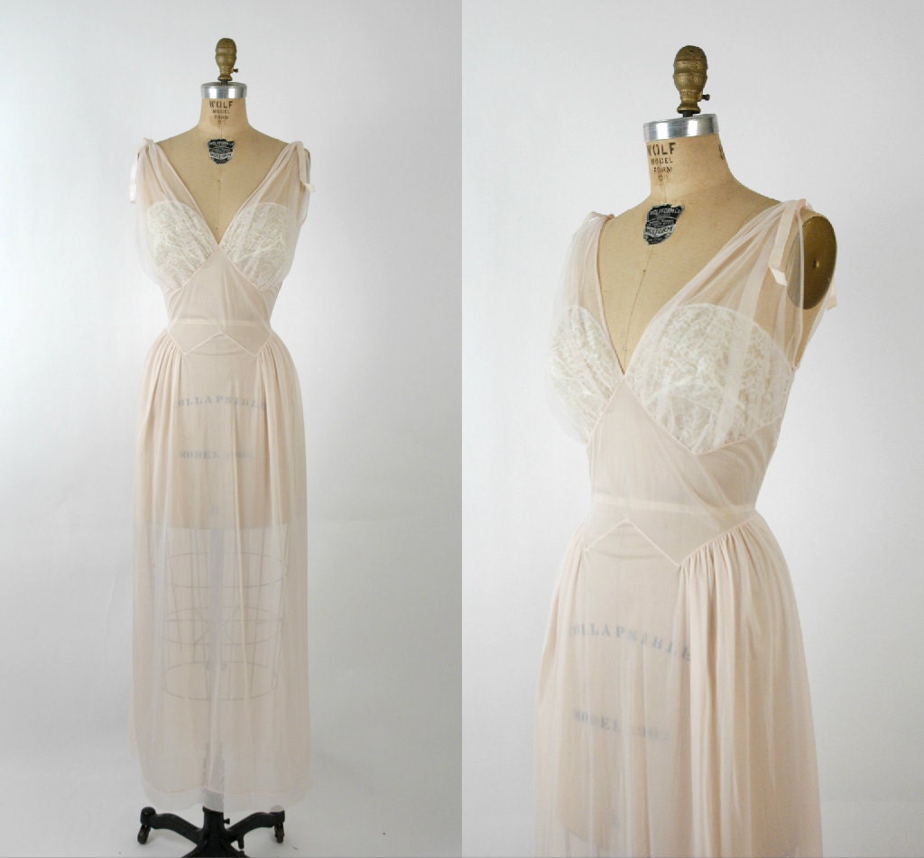 Vintage Wedding Negligee / 1950s Sheer Pink Nightgown