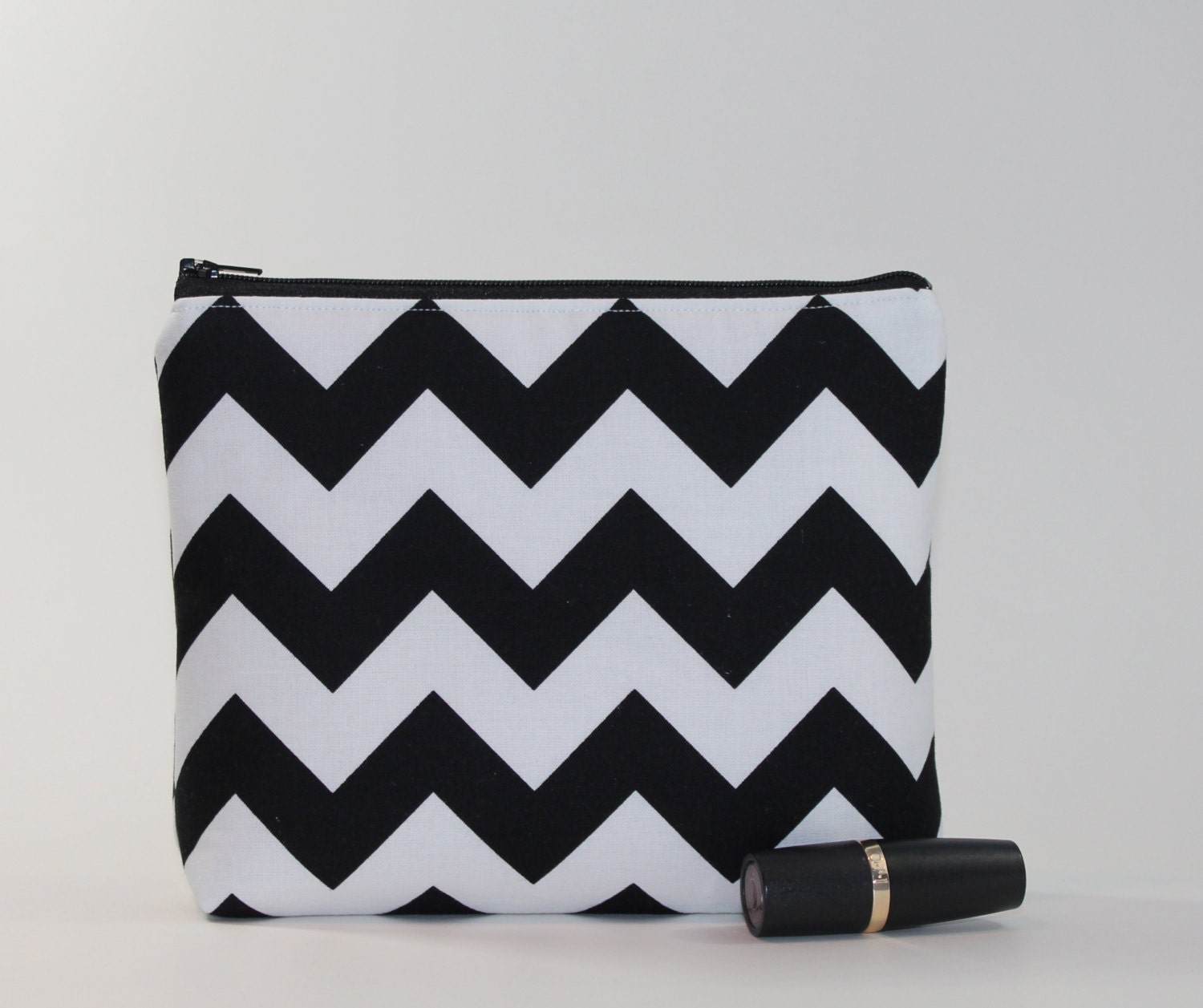 Divided Cosmetics Bag - 2 Compartments - Chevron Stripes in Black