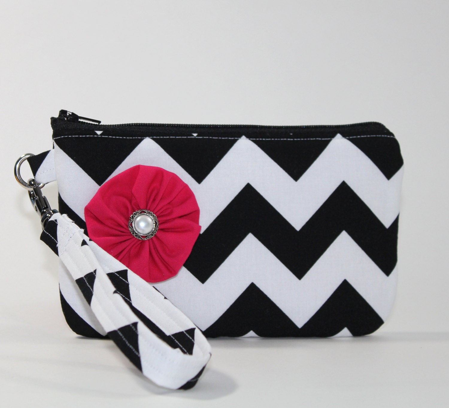 Wristlet / Padded Zipper Pouch - Chevron Stripes in Black with Pink Flower
