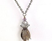 SALE Antique Brass Necklace Large Tulip and Czech Glass Beads