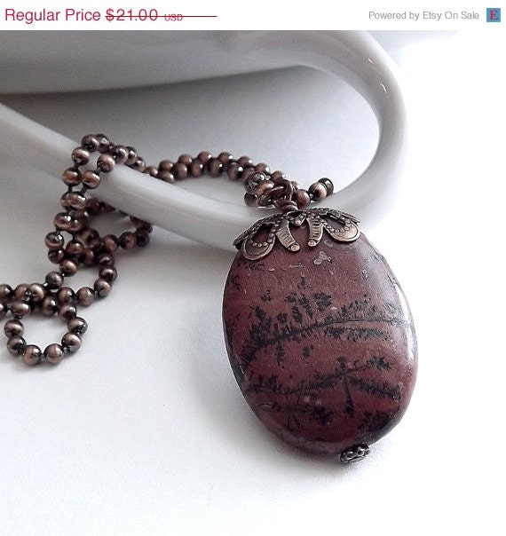 SALE Antique Copper Necklace - Large Coffee Bean Jasper Bead