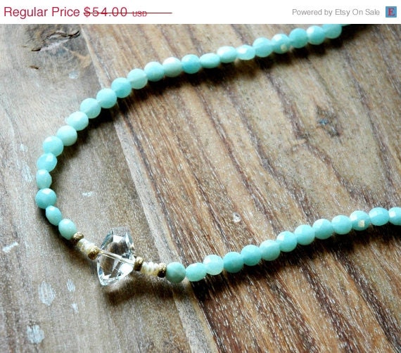 Summer Sale 10% Off Beaded Light Turquoise Color Aventurine Gemstone Necklace With Avant Garde Swarovski Crystal Pendant and 14k Gold and F
