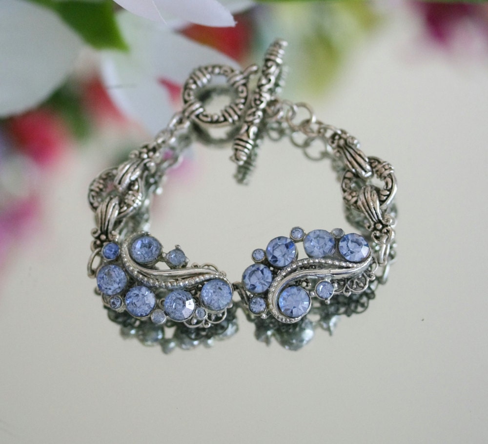 Vintage rhinestone bracelet, Rhinestone Bracelet, Vintage blue rhinestone bracelet, Silver Bracelet, wedding jewelry