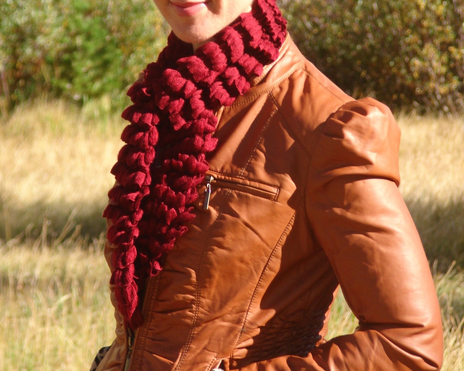 Knitted Ruffled Scarf -  Hand Knitted - Crimson/Burgundy - Go From Summer to Winter