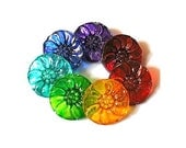 7 Vintage glass buttons flower shape hand painted 7 colors 18mm, Czech