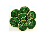 6 Vintage plastic buttons, green, gold color spiral ornament shank buttons 18mm