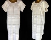 Vintage 70s Dress - 1970s Mexican White on White Ribbon Embellished and Drawn Work - Size L to XL