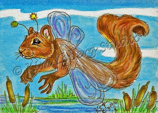 Squirrel Dragonfly fantasy Bug Art ACEO Kim Loberg Original Insect