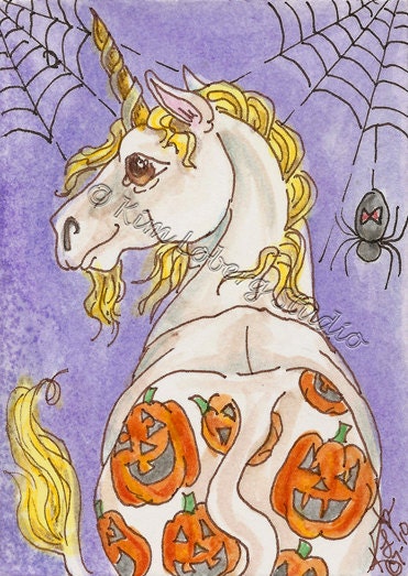 Halloween Carousel Unicorn Lead Horse ACEO Kim Loberg Original Art WHOA Team