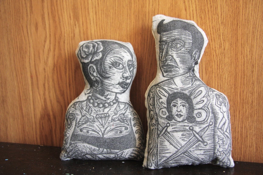 Tattooed Man and Woman Hand Printed Doll Set
