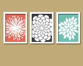 Coral Navy Teal Flower Burst Daisies Petals Artwork Set of 3 Trio Prints Wall Decor Abstract Art Picture Silhouette