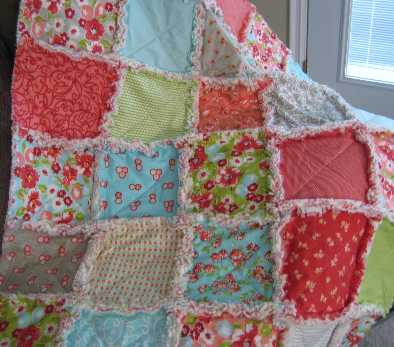 Baby Rag Quilt Blanket Crib Size - Ruby - Peach Aqua Green Red Gray