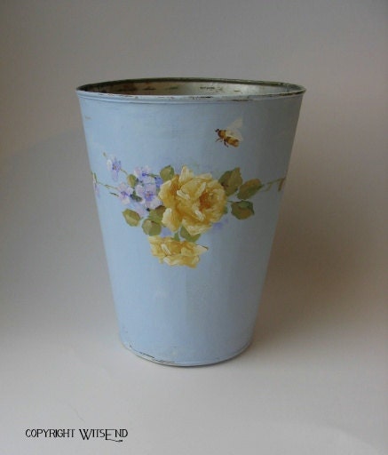 Flower can bucket  painting on vintage duck egg blue pail with violets yellow roses bees