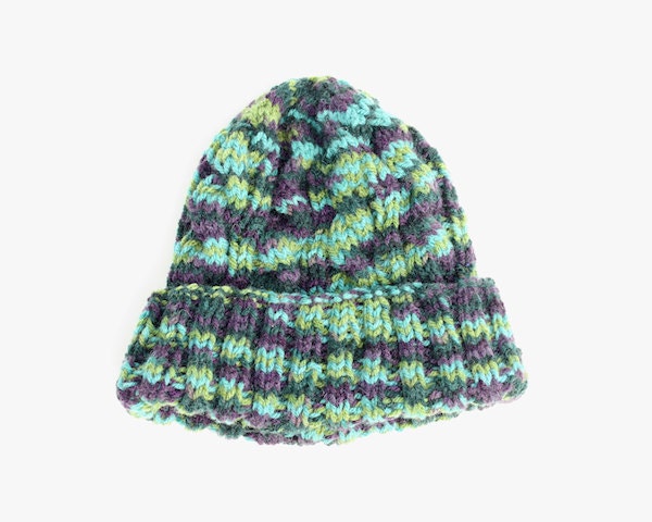Long Cable Watchcap - Folded Brim Knit Hat - 100% Wool Yarn - Blue Green Variegated